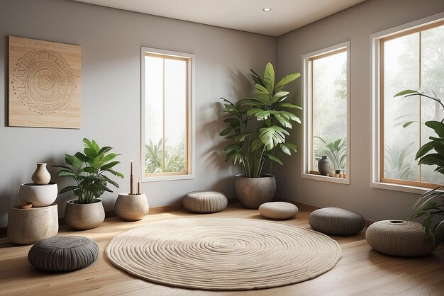 una stanza con piante e un tavolo rotondo con piante su di esso