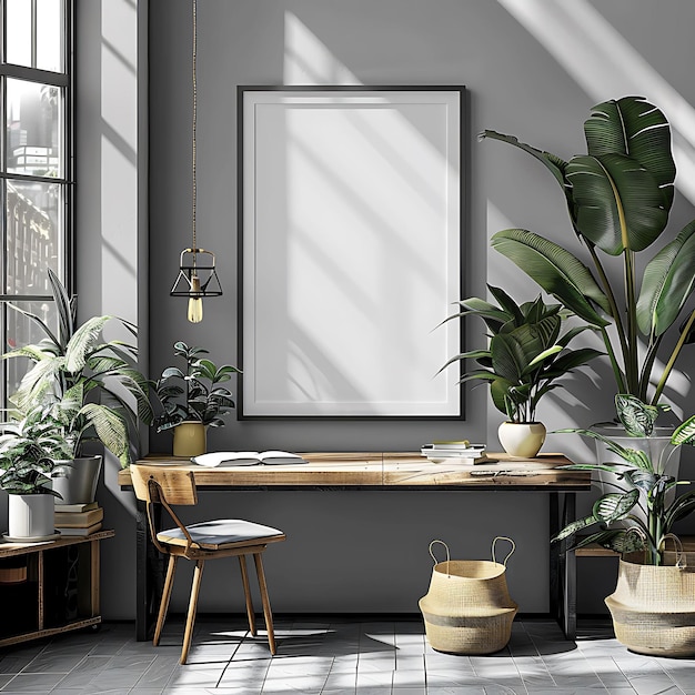 una stanza con piante e una cornice bianca appesa sopra un tavolo