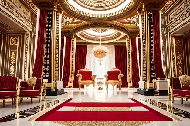 Una stanza con tende rosse e un tappeto rosso con un lampadario d'oro.