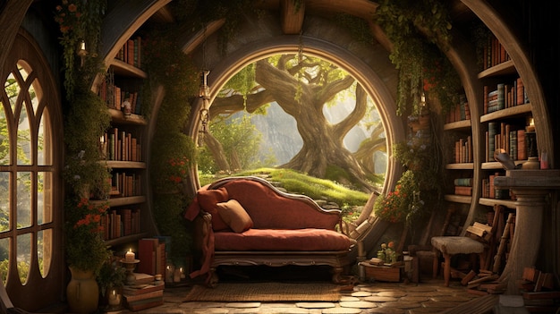 Una stanza con un albero e un libro sul muro
