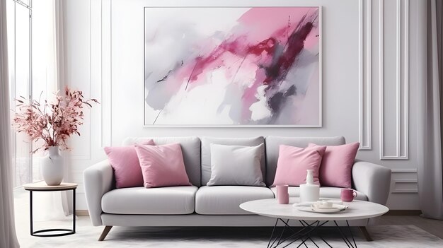 una stanza con un divano bianco in un colore rosa e grigio accentuato nello stile di acquerelli luminosi