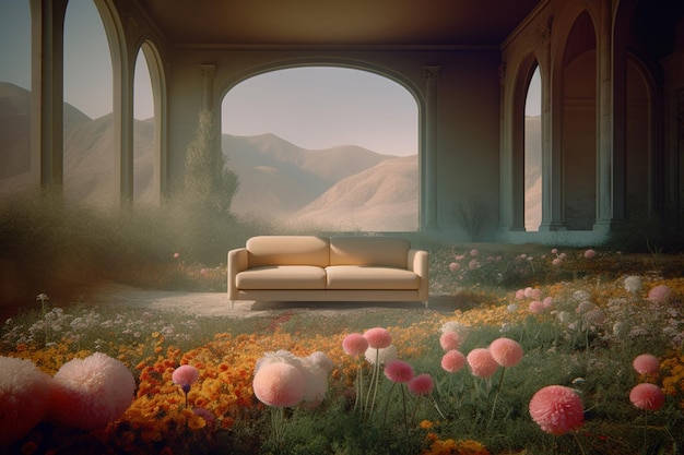 Una stanza con un divano e dei fiori sopra