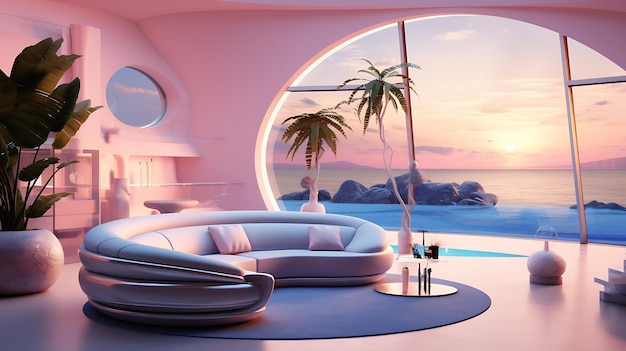 una stanza con un divano rosa, finestre di vetro e una piscina Generative AI