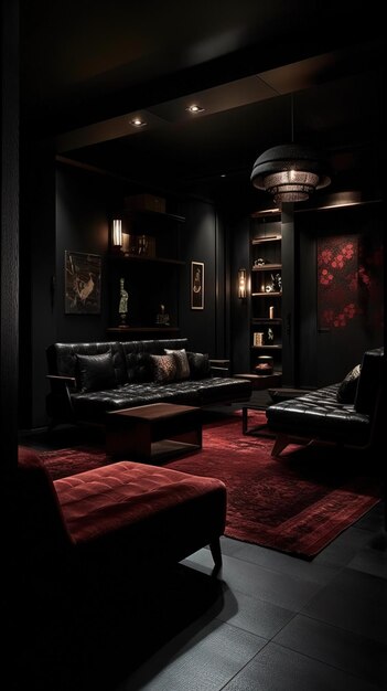 una stanza con un divano rosso e un tappeto rosso