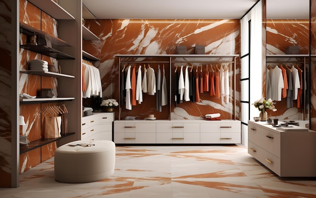 Una stanza con un grande armadio con pavimento in marmo e una cassettiera bianca.
