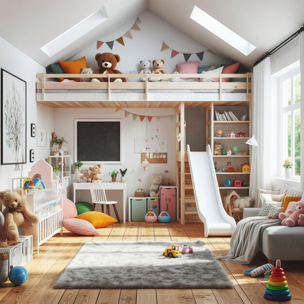 una stanza con un letto a due piani, una scaffale, una scatola con un orsacchiotto e una libreria