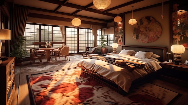 Una stanza con un letto e un tavolo con sopra delle lanterne cinesi.