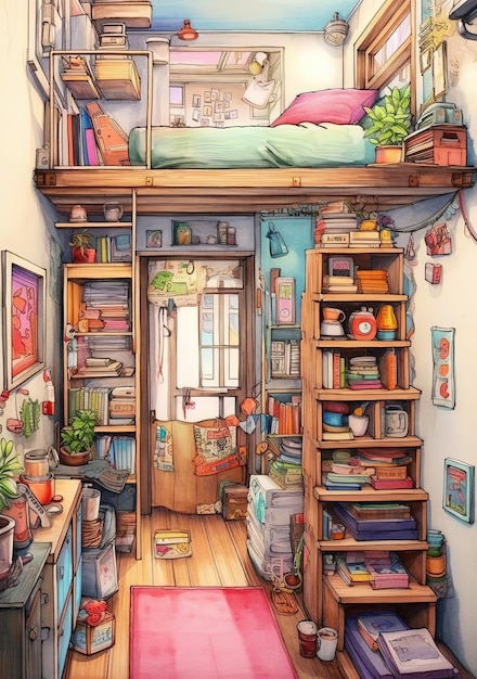 una stanza con un letto, una libreria, libri e un letto.