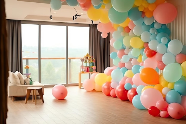 Una stanza con un mucchio di palloncini colorati appesi al soffitto.