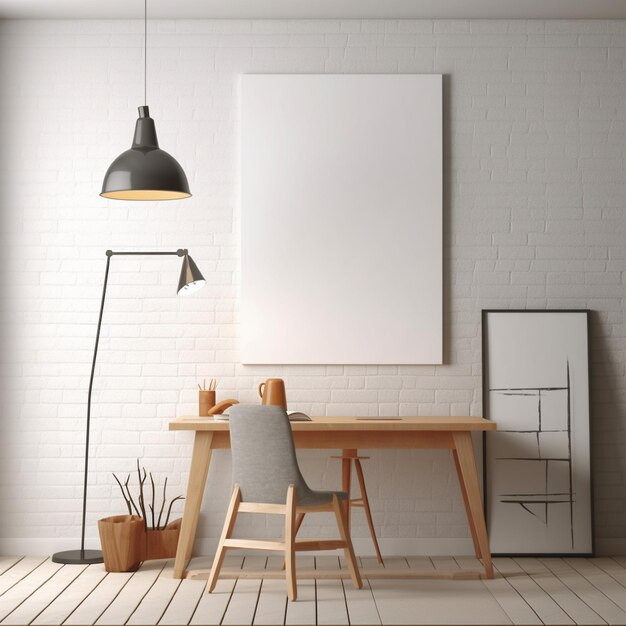 Una stanza con un muro di mattoni bianchi e una scrivania di legno con sopra una lampada.