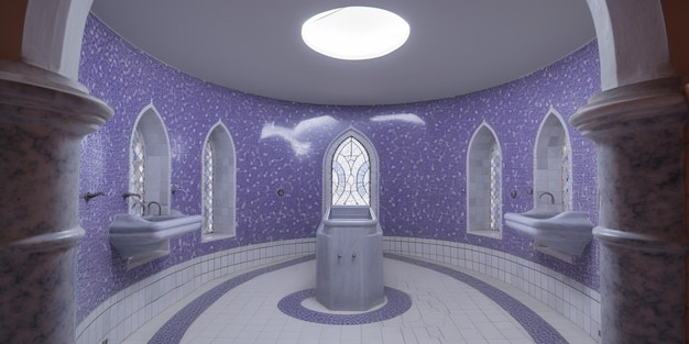 Una stanza con un pavimento di piastrelle blu e un pavimento di piastrelle bianche con una lampada che dice 'al - muscat' sopra.