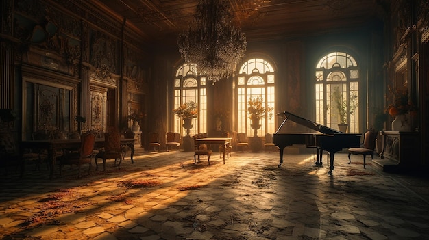 Una stanza con un pianoforte al centro