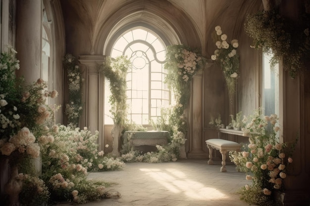 Una stanza con un pianoforte e dei fiori sopra