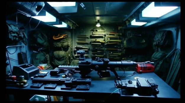 Una stanza con un tavolo con sopra delle armi e una luce rossa sul muro.