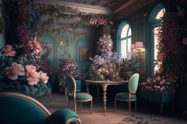 Una stanza con un tavolo e delle sedie con sopra dei fiori.