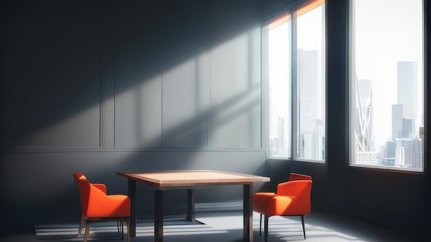 Una stanza con un tavolo e due sedie arancioni.
