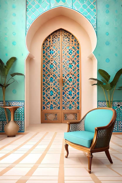 Una stanza con una carta da parati blu e turchese e una grande finestra.