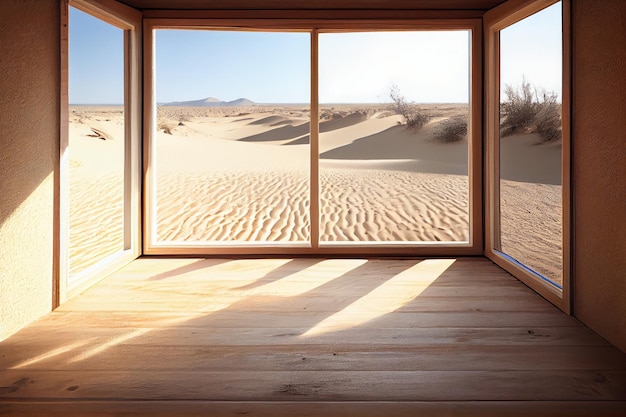 Una stanza con una finestra che dice dune di sabbia sullo sfondo IA generativa