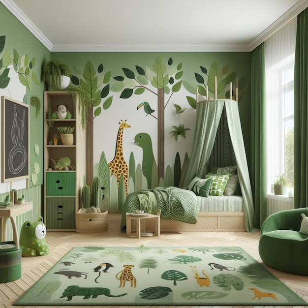 una stanza con una giraffa e un tappeto verde con animali su di esso