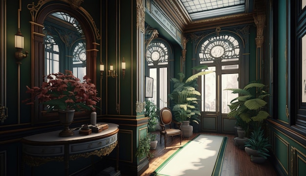Una stanza con una grande finestra e un tavolo con sopra delle piante.