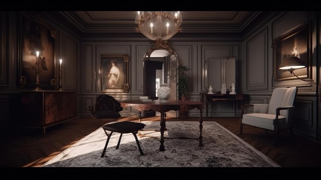 Una stanza con una lampada, un divano e un tavolo con sopra una donna.