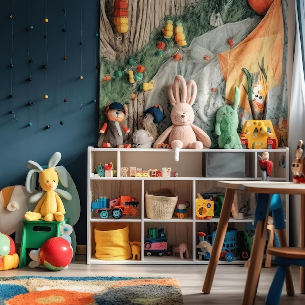 Una stanza con una parete blu con una mensola bianca con su scritto "giocattolo".