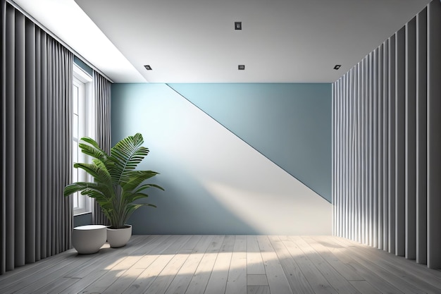 Una stanza con una parete blu e una pianta nell'angolo bellissimo sfondo con intelligenza artificiale generativa