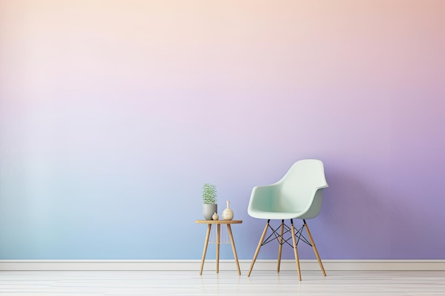 Una stanza con una parete color pastello e una sedia