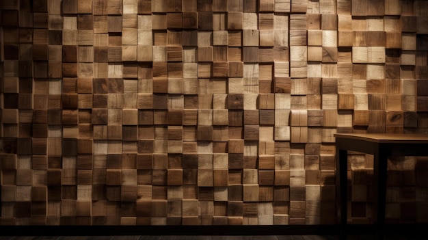 Una stanza con una parete in legno e un tavolo generativo AI