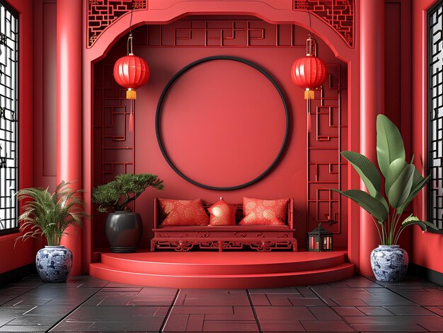 Una stanza con una parete rossa e un divano rosso