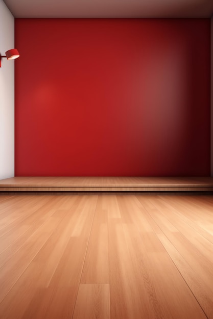 Una stanza con una parete rossa e un palco di legno.