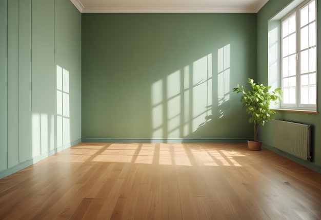 una stanza con una parete verde e una pianta in essa