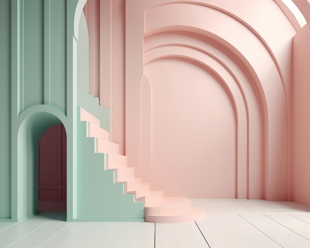 Una stanza con una porta e una scala dai colori pastello