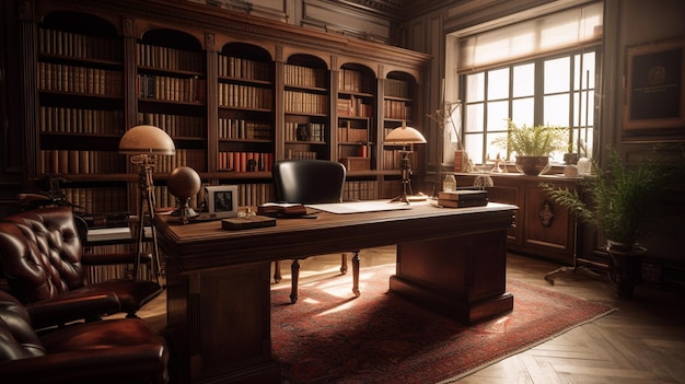 Una stanza con una scrivania e una libreria con sopra l'immagine di un uomo