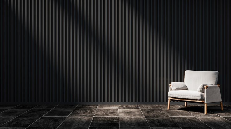 Foto una stanza con una sedia bianca e un muro nero con una striscia nera.