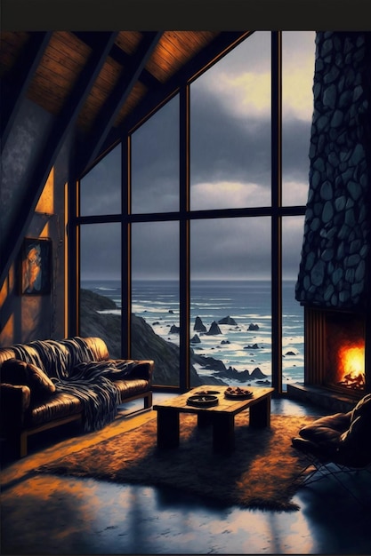 Una stanza con vista sull'oceano e un divano e un fuoco alla finestra.