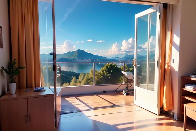 Una stanza con vista sulle montagne e una porta che dice "la vista".