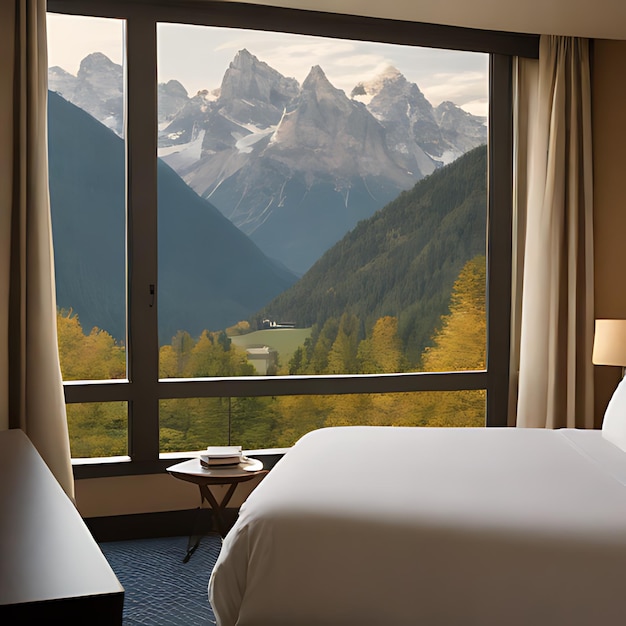 una stanza d'albergo con vista sulle montagne e un letto con vista alle montagne