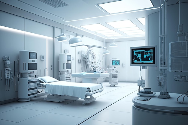 Una stanza d'ospedale con un letto e un monitor che dice "ospedale"