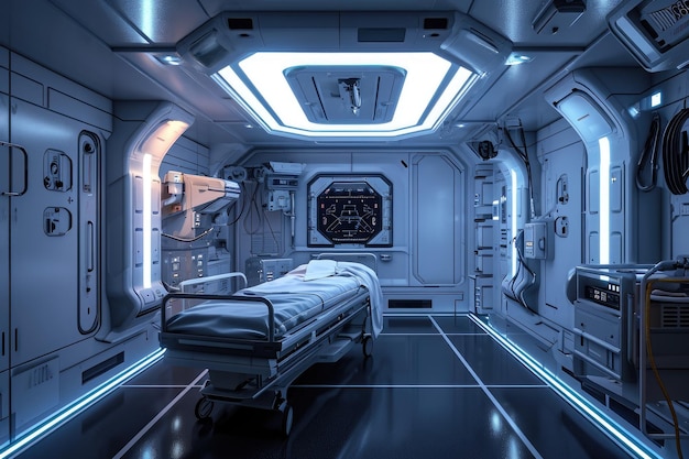 Una stanza d'ospedale con un letto e una serie di attrezzature mediche essenziali Sala medica Scifi in una nave spaziale AI Generato