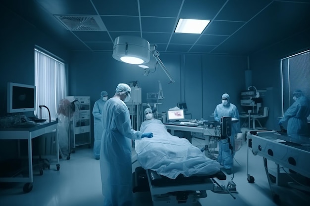 Una stanza d'ospedale con un paziente in maschera e guanti.