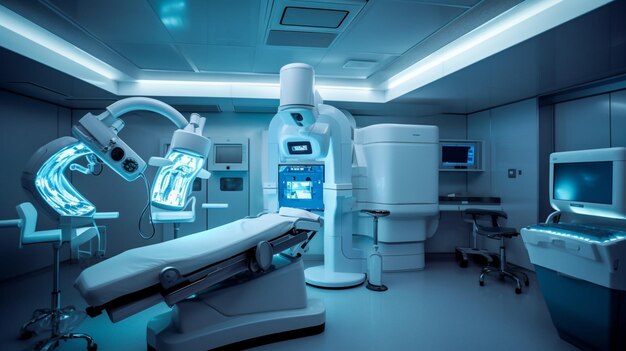 Una stanza d'ospedale con un robot al centro e un monitor alla parete.
