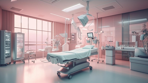 Una stanza d'ospedale con una grande finestra e un letto medico.