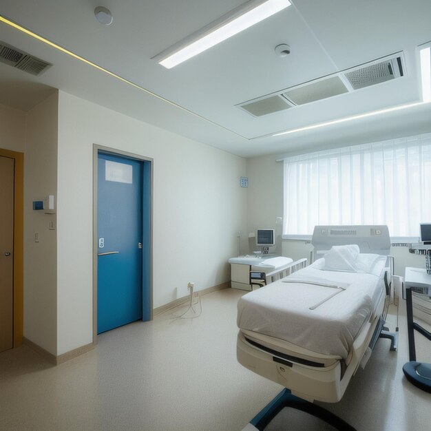 Una stanza d'ospedale con una porta blu e un cartello che dice "ospedale"