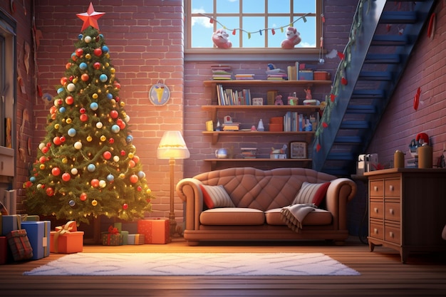 una stanza decorata con un albero di Natale e un divano al suo interno ai generativi