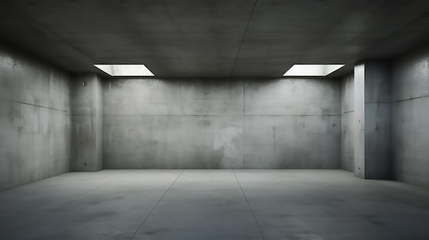una stanza di cemento con una luce sul soffitto