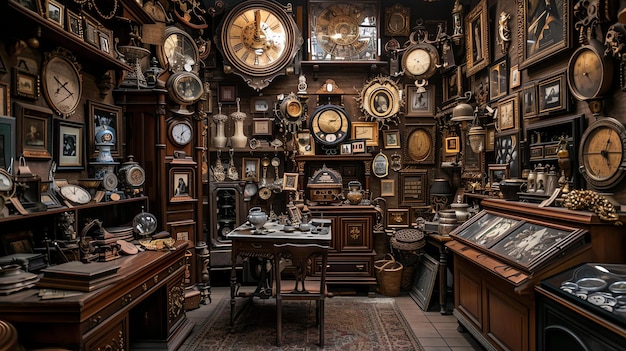 Una stanza disordinata piena di vari oggetti d'antiquariato come orologi da tasca e altri gioielli