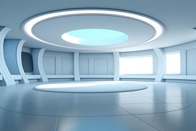 Una stanza futuristica con una finestra rotonda e una luce rotonda.