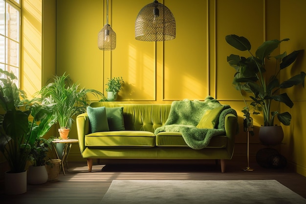 Una stanza gialla con un divano verde e una pianta alla parete.