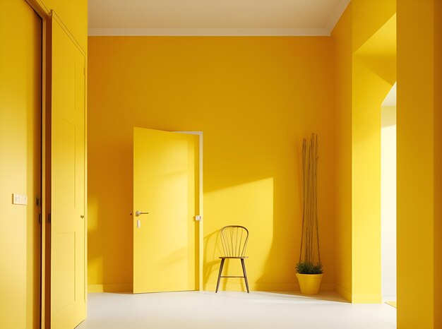 una stanza gialla con una porta gialla e una pianta in essa